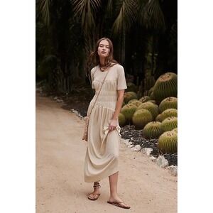 Free People Beach Meg Midi Dress Tan Beige Smocked Cotton Short Sleeve OB1118111